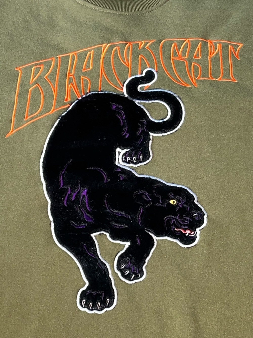 Black Cat Embroidery Graphic Olive Green Crewneck Sweatshirt Black Panther